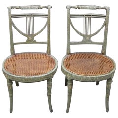 Pair of French Hand-Painted and Stenciled Lyre Back Chairs, Circa 1810