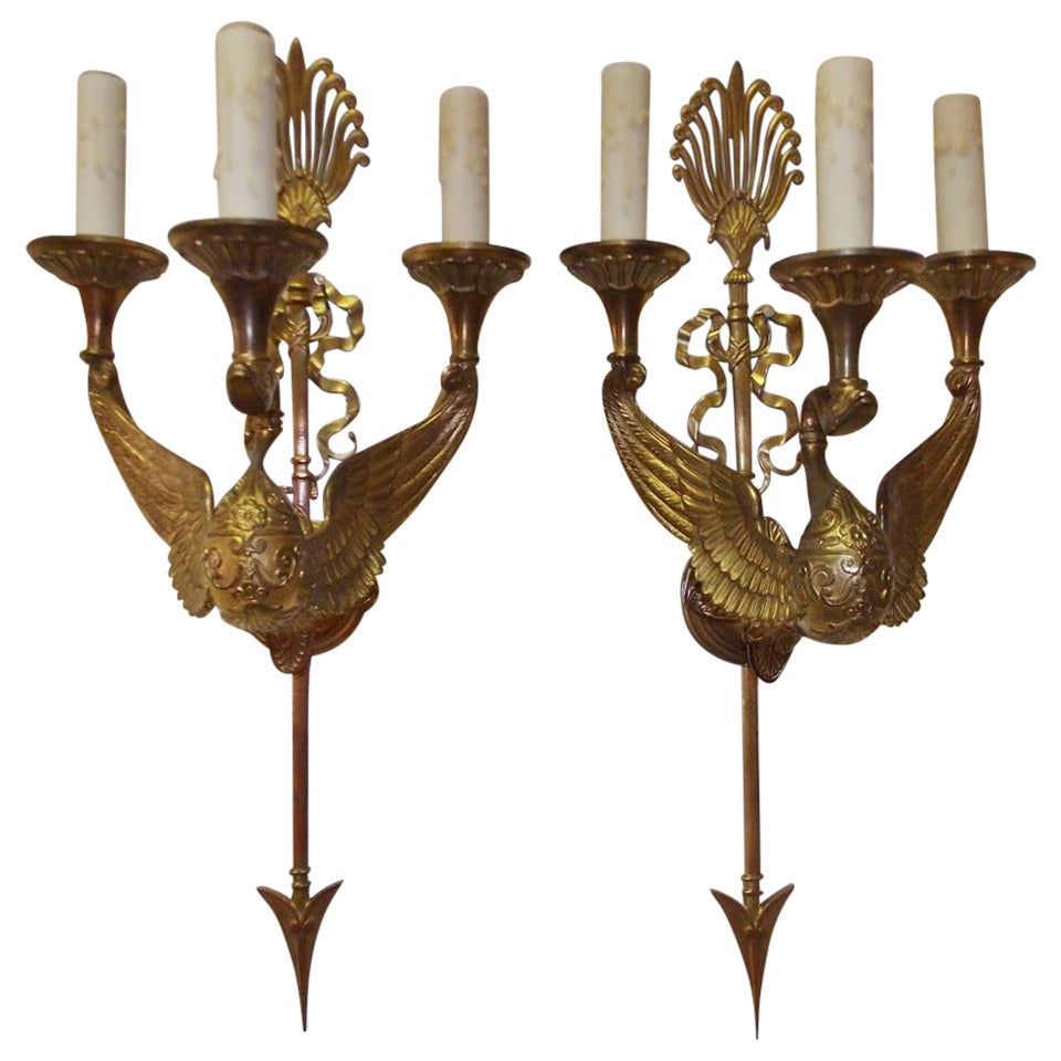 Pair of French Gilt Bronze Swan Sconces, Circa 1815 For Sale