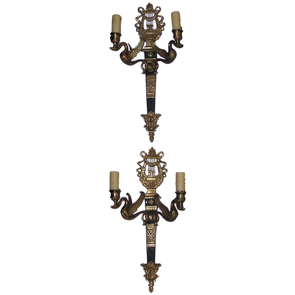 Pair of French Gilt Bronze Swan and Lyre Back Sconces, circa 1815 For Sale