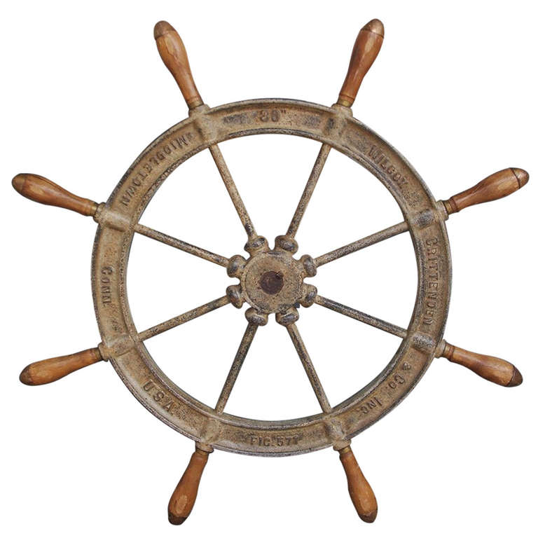 American Cast Iron And Wood Classic Ship Wheel Signed By Maker American Cast Iron And Wood Classic Ship Wheel Signed By Maker Circa 1870 For
