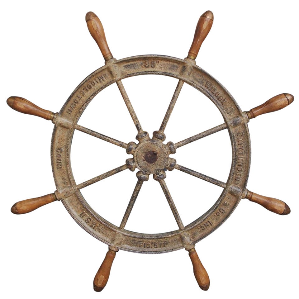 American Cast Iron and Wood Classic Ship Wheel, Signed by Maker. Circa 1870