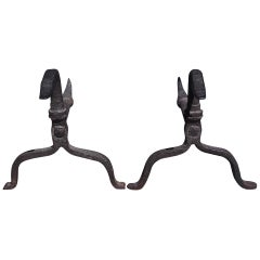 Pair of American Period Wrought Iron Goose Neck Andirons, Circa 1750