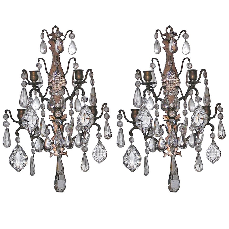 Pair of French Bronze and Crystal Sconces, Circa 1820