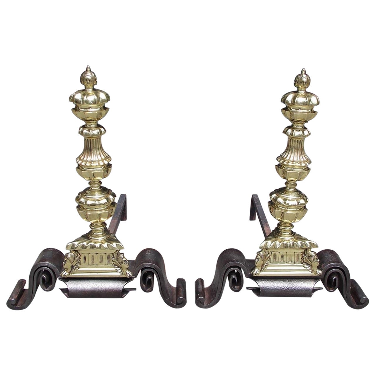 Pair of English Decorative Brass and Wrought Iron Andirons, Circa 1750 For Sale
