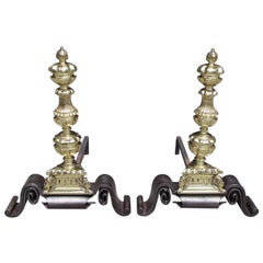 Antique Pair of English Decorative Brass and Wrought Iron Andirons, Circa 1750