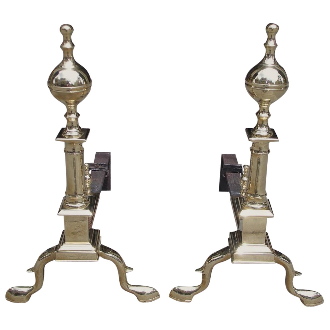 Pair of American Brass Ball Top Andirons, New York, Circa 1810 For Sale