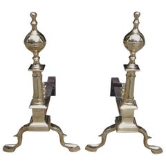 Antique Pair of American Brass Ball Top Andirons, New York, Circa 1810