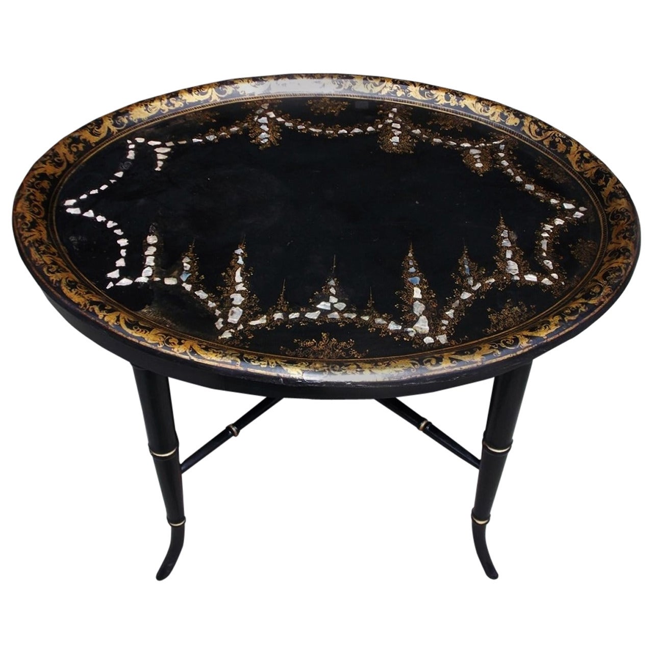 English Regency Papier-Mâché Inlaid Mother of Pearl Tray on Stand, Circa 1820