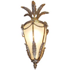 French Brass Floral Hanging Lantern with Frosted Globe, Circa 1840