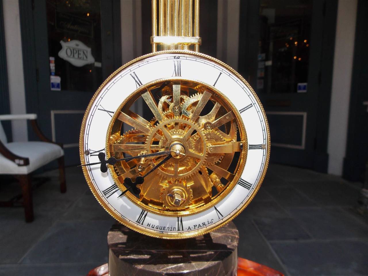 French Gilt Bronze and Marble Skeleton Clock, Huguenin, A Paris, Circa 1820 In Excellent Condition In Hollywood, SC
