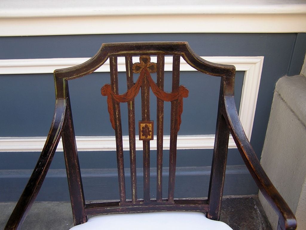 Pair of English Regency Serpentine Painted Arm Chairs.  Circa 1815 In Excellent Condition For Sale In Hollywood, SC