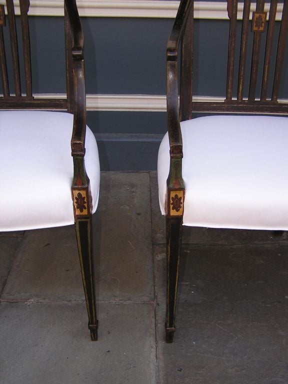 Early 19th Century Pair of English Regency Serpentine Painted Arm Chairs.  Circa 1815 For Sale