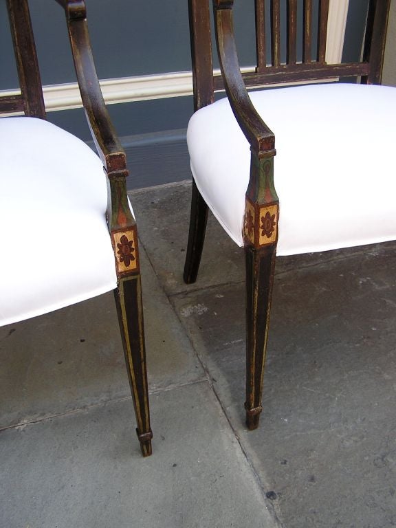 Beech Pair of English Regency Serpentine Painted Arm Chairs.  Circa 1815 For Sale