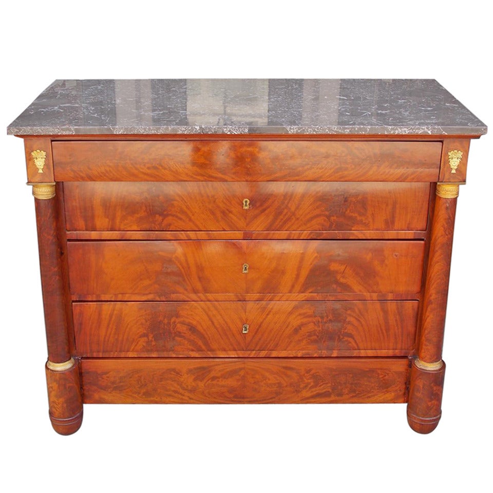 French Mahogany Marble Top Ormolu Chest of Drawers.  Circa 1810 For Sale