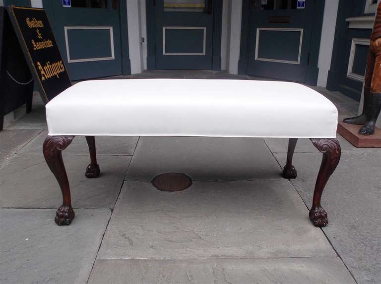 British English Mahogany Upholstered Hairy Paw Bench, Circa 1870