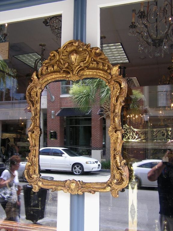 Hand-Carved Italian Gilt Wood & Gesso Shell Cornice Acanthus Foliage Wall Mirror, C. 1780 For Sale
