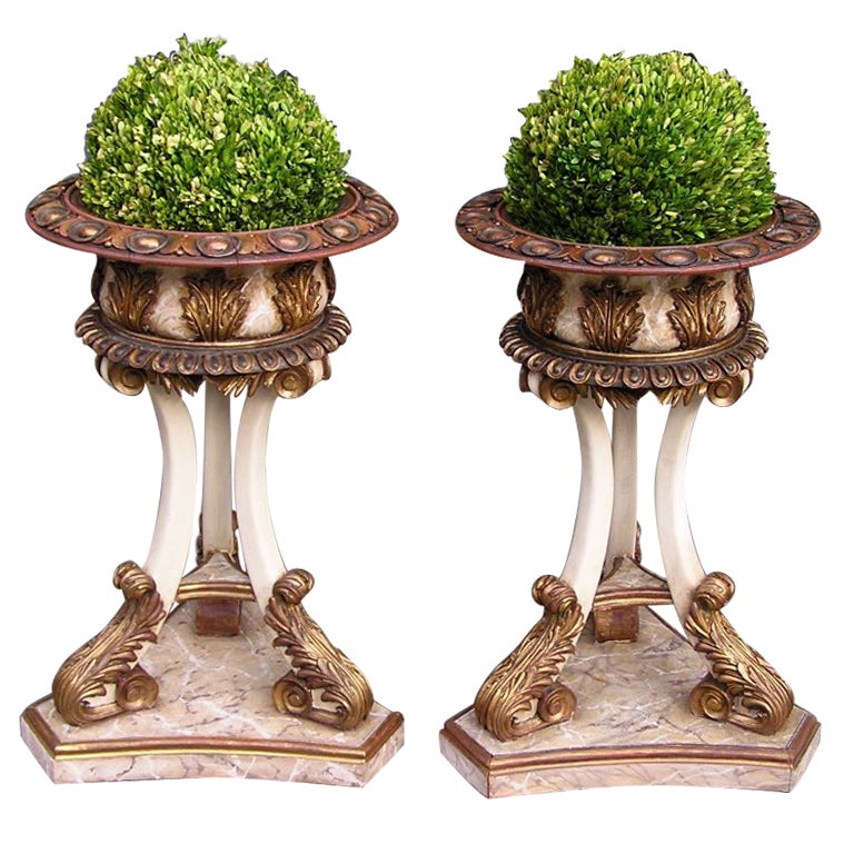 Pair of Italian Carved Wood Hand Painted and Gilt Garden Planters, Circa 1870