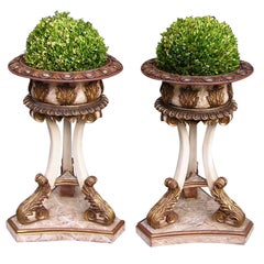 Used Pair of Italian Carved Wood Hand Painted and Gilt Garden Planters, Circa 1870