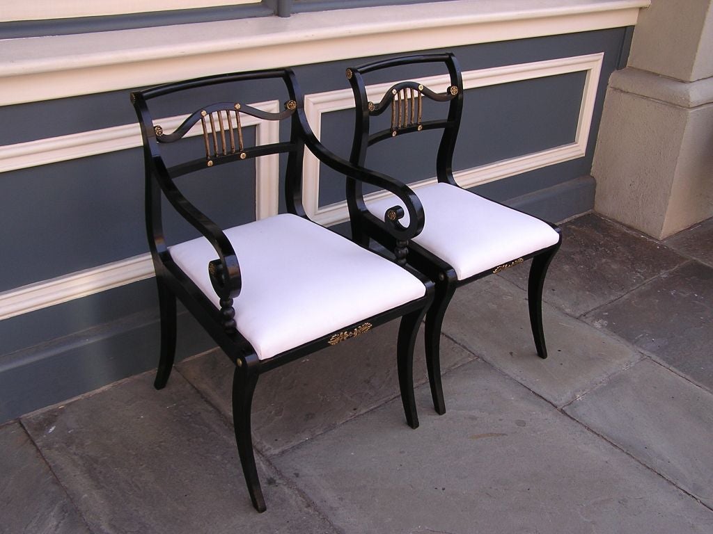 Hand-Carved Set of Eight English Regency Painted & Silver Gilt Dining Room Chairs. C. 1790 For Sale