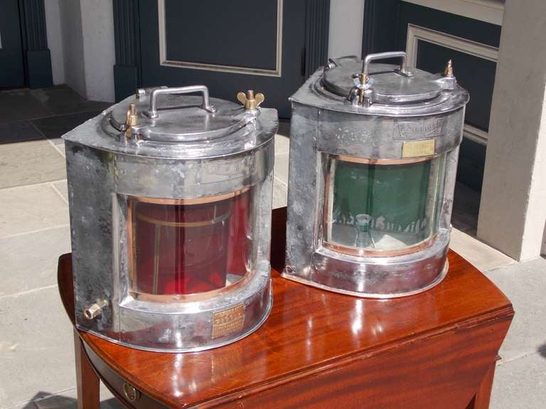 Pair of English Polished Steel Ship Lanterns ( Meteorite Firm ) In Excellent Condition For Sale In Hollywood, SC