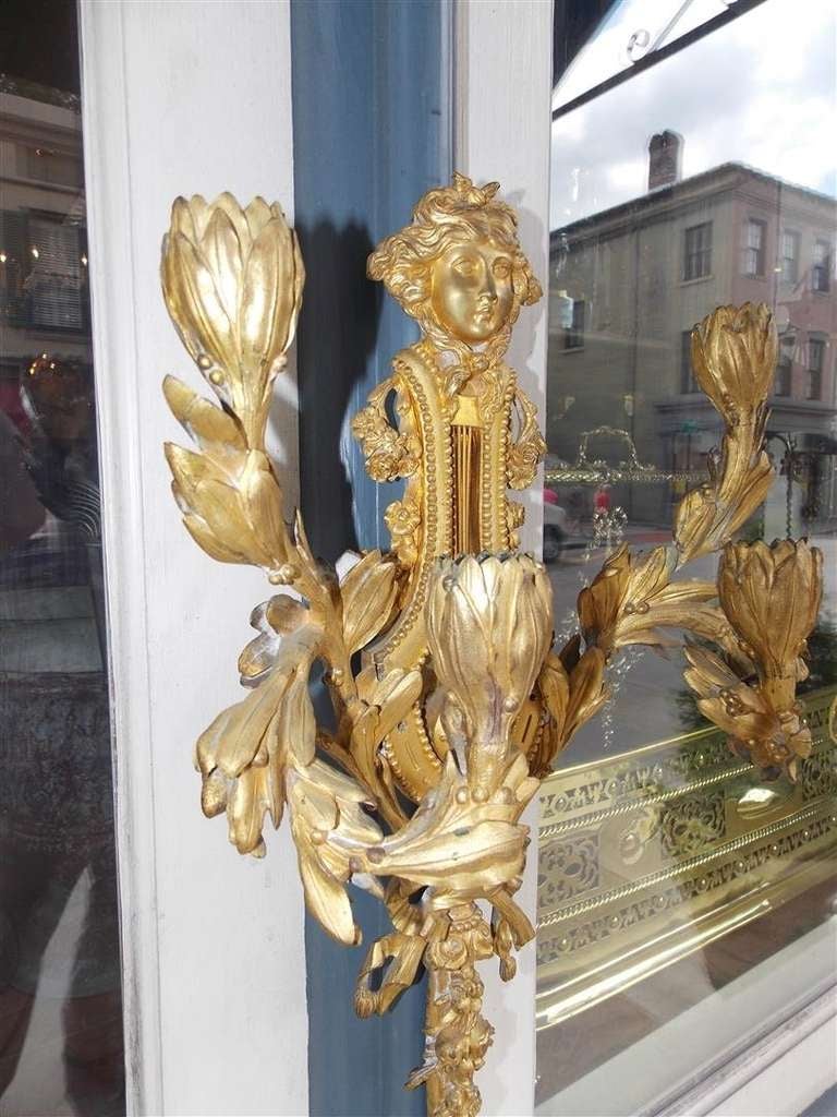 Pair of French Louis XVI Gilt Bronze Figural & Foliage Four Arm Sconces. C. 1780 In Excellent Condition For Sale In Hollywood, SC