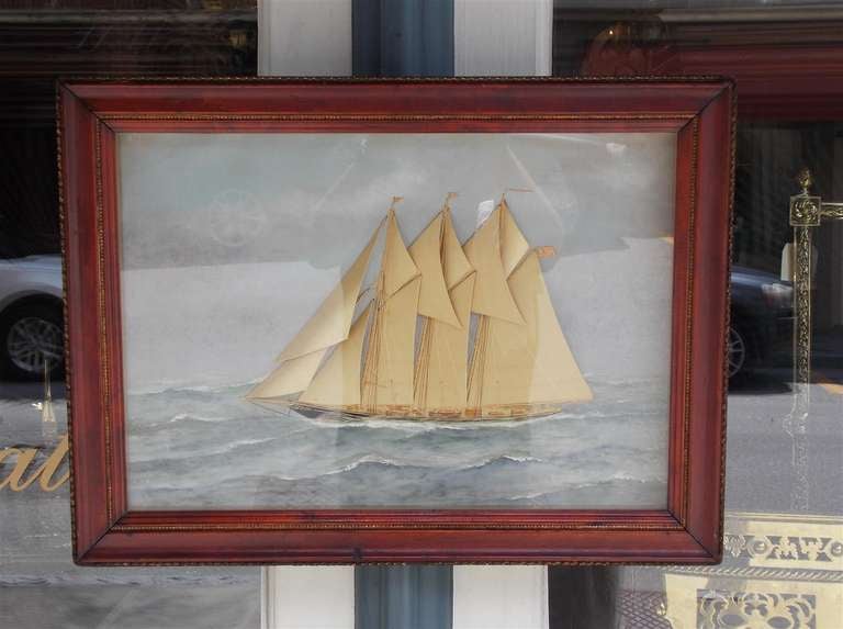American silk on hand painted canvas of schooner by Thomas H. Willis. Connecticut  1850-1925.  Dealers please call for trade price.