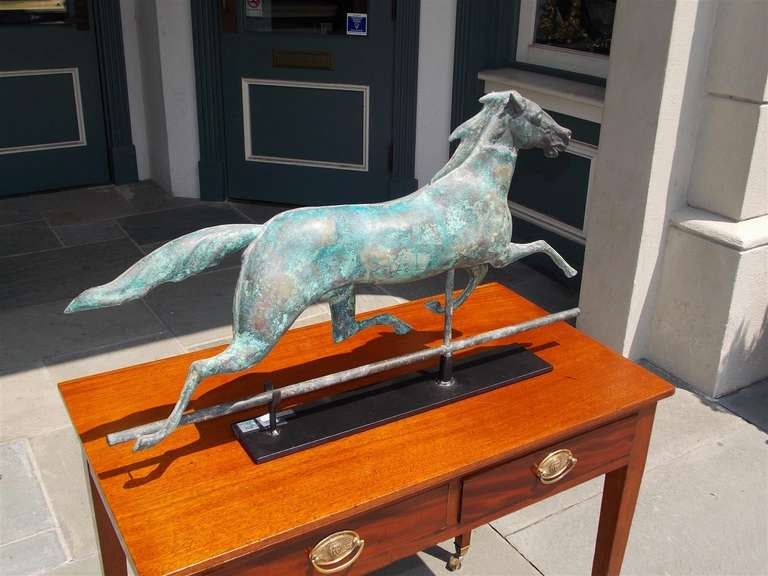 Folk Art American Copper Full Bodied Running Horse Weathervane, J.W. Fiske. Circa 1880