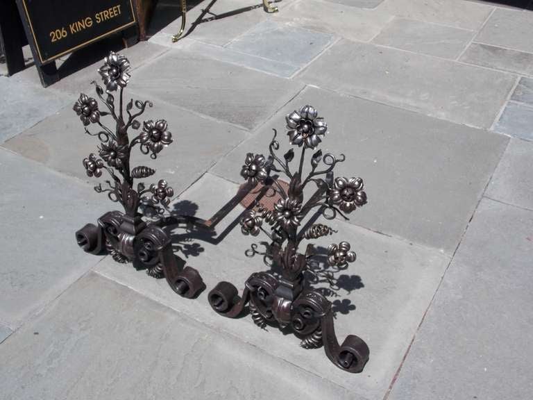 Neoclassical Pair of Italian Wrought Iron and Floral Andirons with Scroll Legs. Circa 1830 For Sale