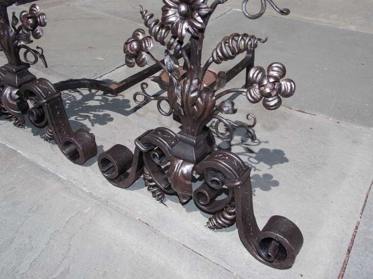 Pair of Italian Wrought Iron and Floral Andirons with Scroll Legs. Circa 1830 In Excellent Condition For Sale In Hollywood, SC