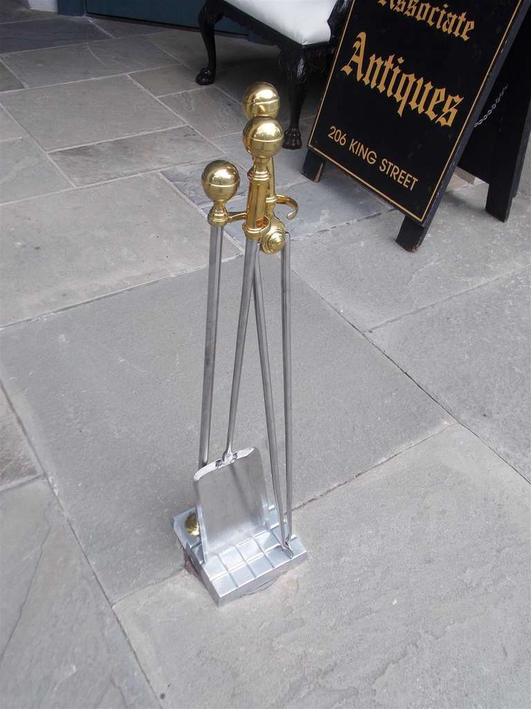 Set of American Nickel Silver and Brass Fire Tools On Stand. Circa 1820 In Excellent Condition For Sale In Hollywood, SC