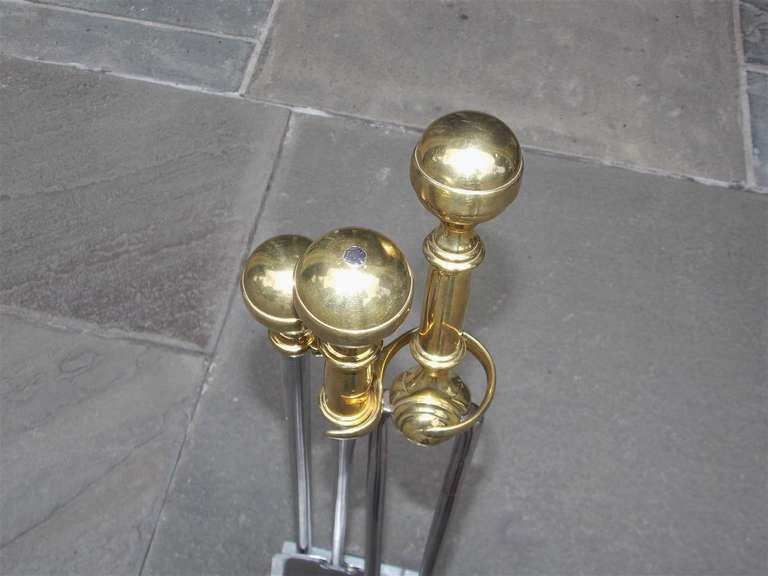 Set of American Nickel Silver and Brass Fire Tools On Stand. Circa 1820 For Sale 2
