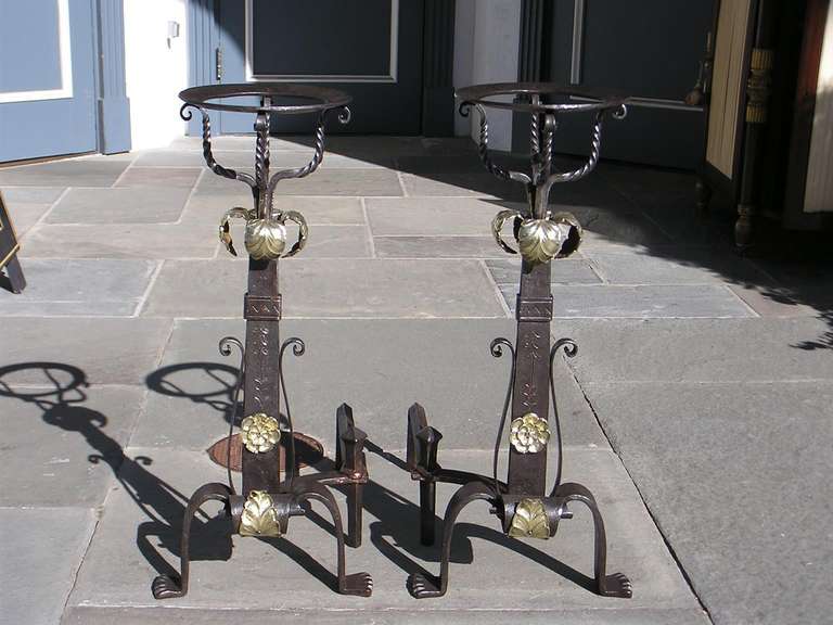 Pair of Italian wrought iron and bronze andirons with basket tops, foliage and floral medallions, squared tapered decorative chased plinths, matching log stops, and terminating on stylized paw feet. Early 19th Century