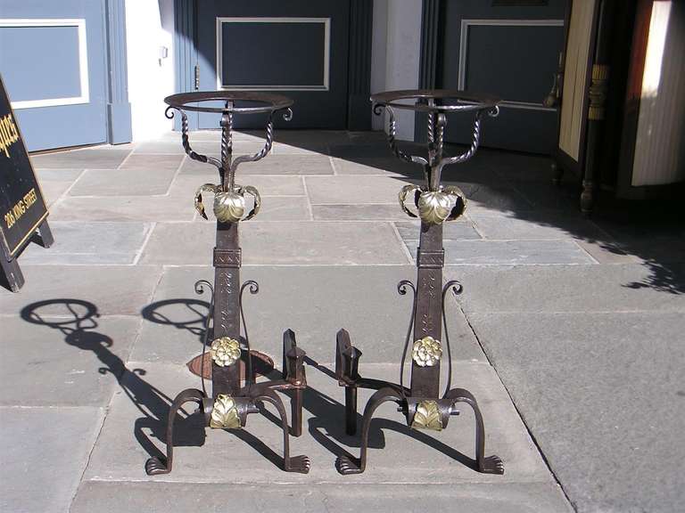 Pair of Italian Wrought Iron and Bronze Basket Andirons, Circa 1820 In Excellent Condition In Hollywood, SC