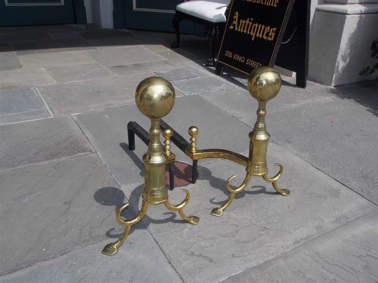 Pair of American Brass Ball Top and Spur Andirons.  Boston, Circa 1790 In Excellent Condition For Sale In Hollywood, SC