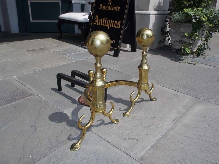 18th Century and Earlier Pair of American Brass Ball Top and Spur Andirons.  Boston, Circa 1790 For Sale