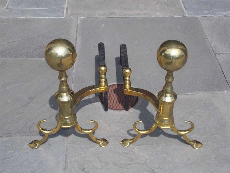 Pair of American Brass Ball Top and Spur Andirons.  Boston, Circa 1790 For Sale 1