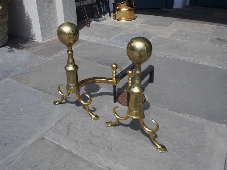 Pair of American Brass Ball Top and Spur Andirons.  Boston, Circa 1790 For Sale 2