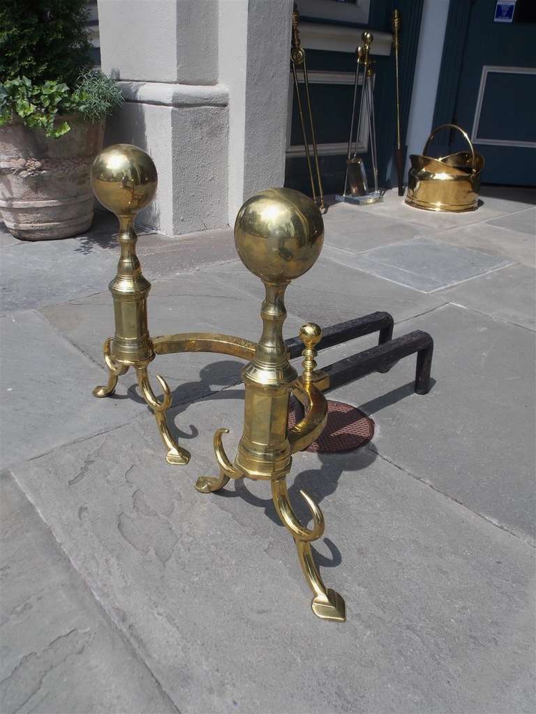 Pair of American Brass Ball Top and Spur Andirons.  Boston, Circa 1790 For Sale 3