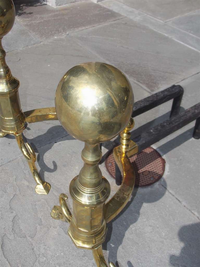 Pair of American Brass Ball Top and Spur Andirons.  Boston, Circa 1790 For Sale 4