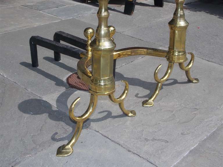 Pair of American Brass Ball Top and Spur Andirons.  Boston, Circa 1790 For Sale 5