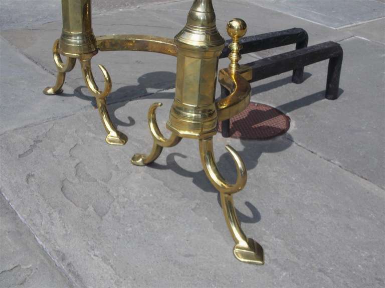 Pair of American Brass Ball Top and Spur Andirons.  Boston, Circa 1790 For Sale 6