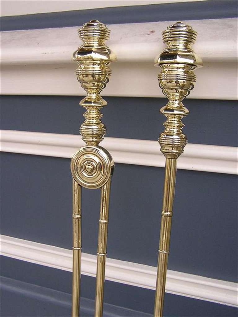 19th Century Period Pair of American Brass Fireplace Tools.  Circa 1820 For Sale
