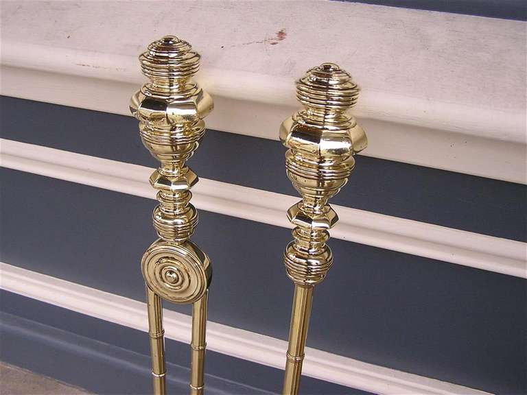 Period Pair of American Brass Fireplace Tools.  Circa 1820 For Sale 1