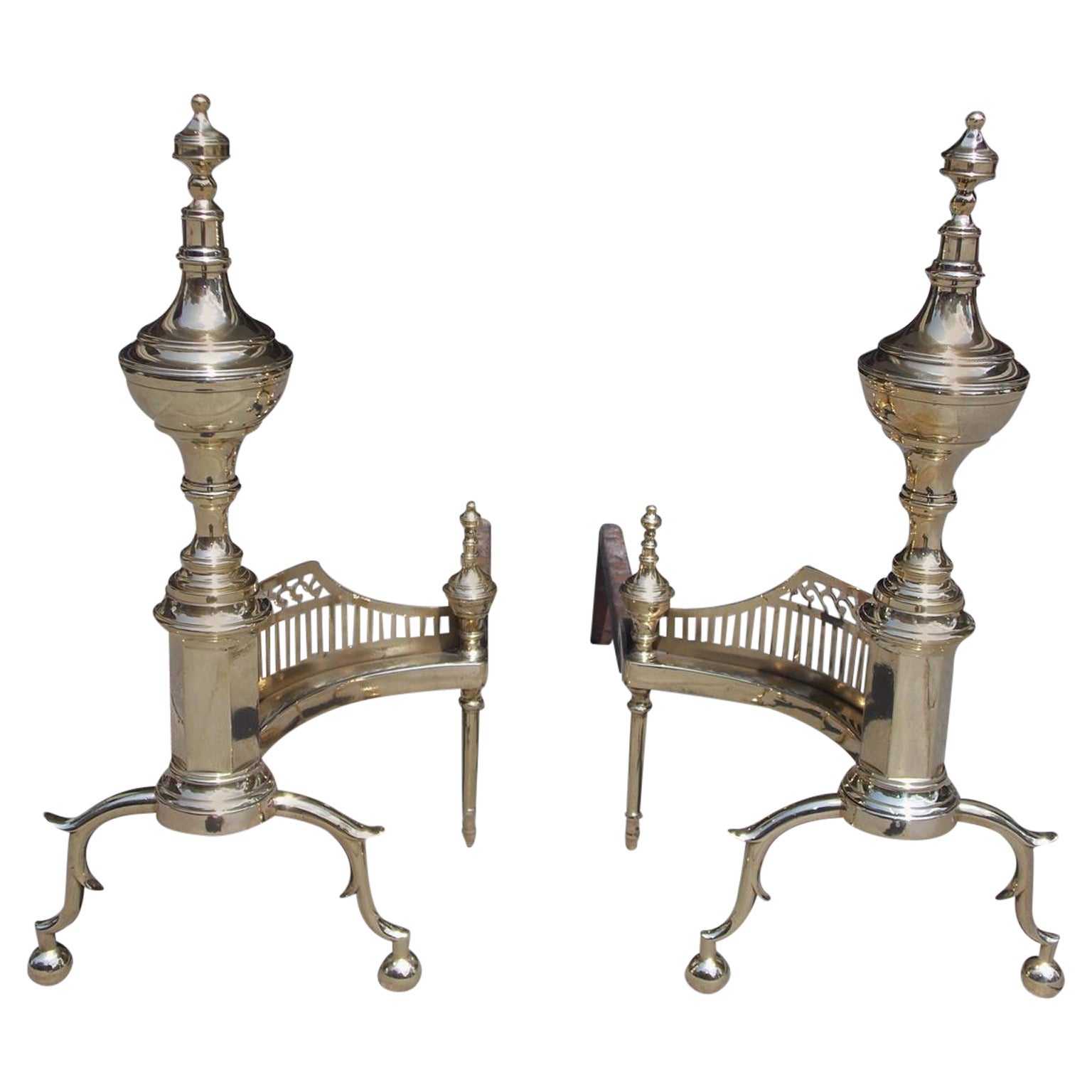 Pair of American Brass Urn Finial & Gallery Andirons. NY, Circa 1815, Wittingham For Sale