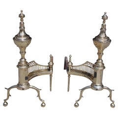 Pair of American Brass Urn Finial & Gallery Andirons. NY, Circa 1815, Wittingham