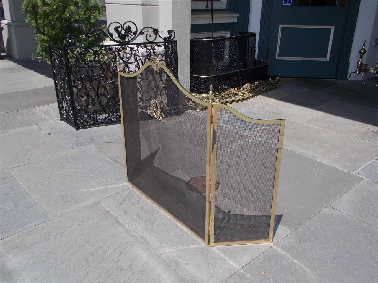 Louis Philippe French Brass Serpentine Laurel Wreath Folding Fire Screen.  Circa 1830 For Sale