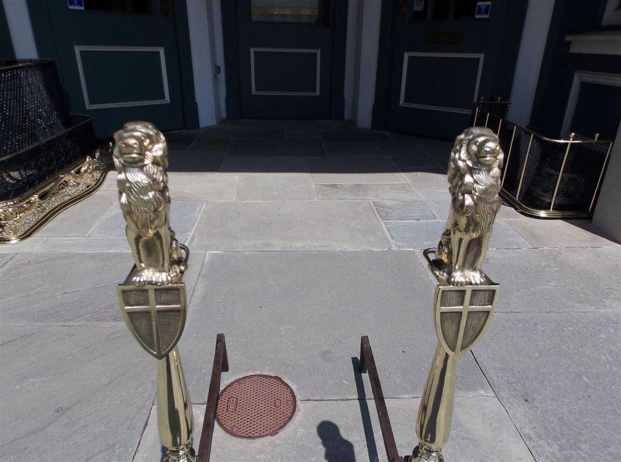 Early 19th Century English Brass and Wrought Iron Lion Shield Andirons, Circa 1820 For Sale