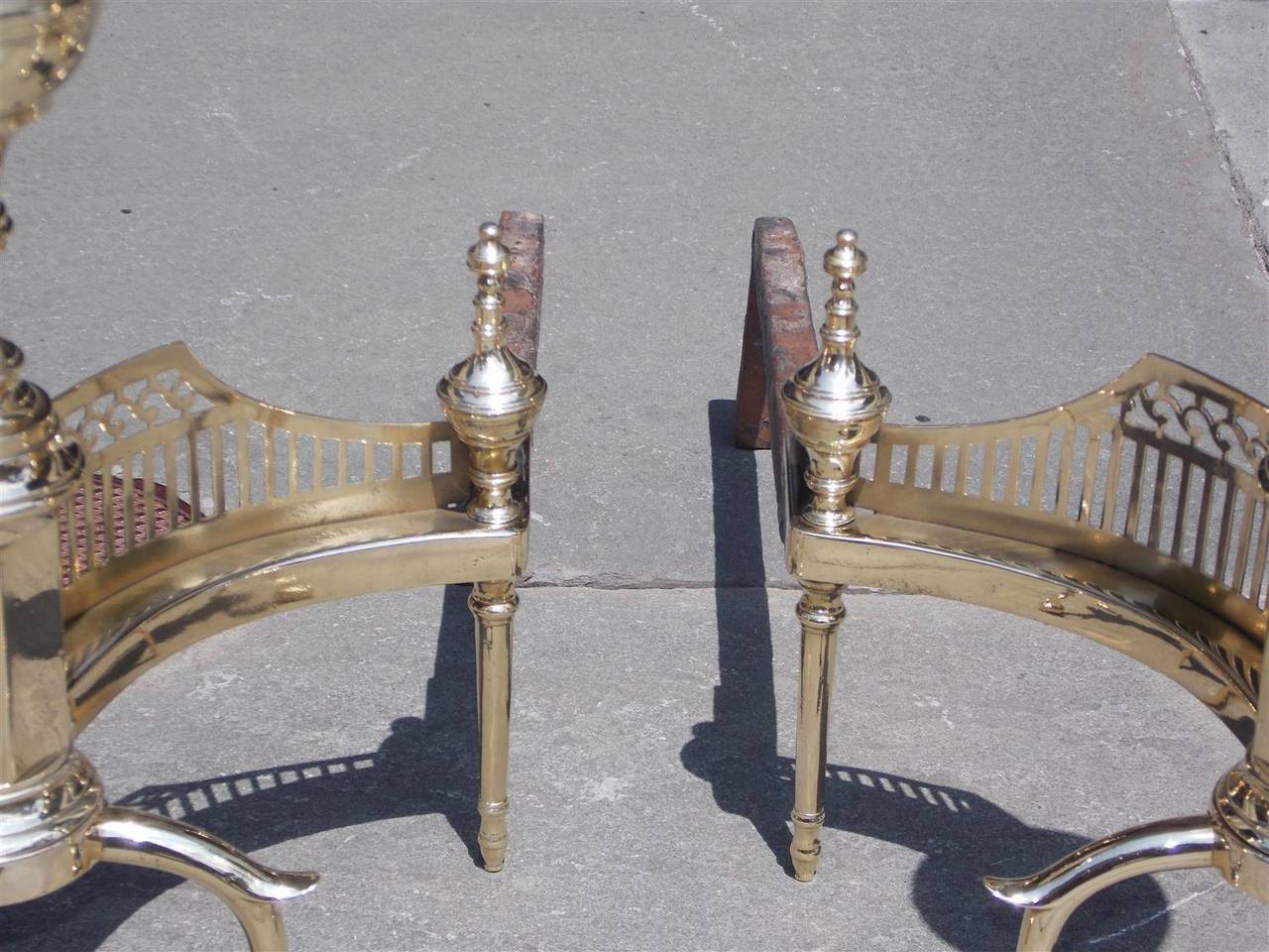 Pair of American Brass Urn Finial & Gallery Andirons. NY, Circa 1815, Wittingham For Sale 5