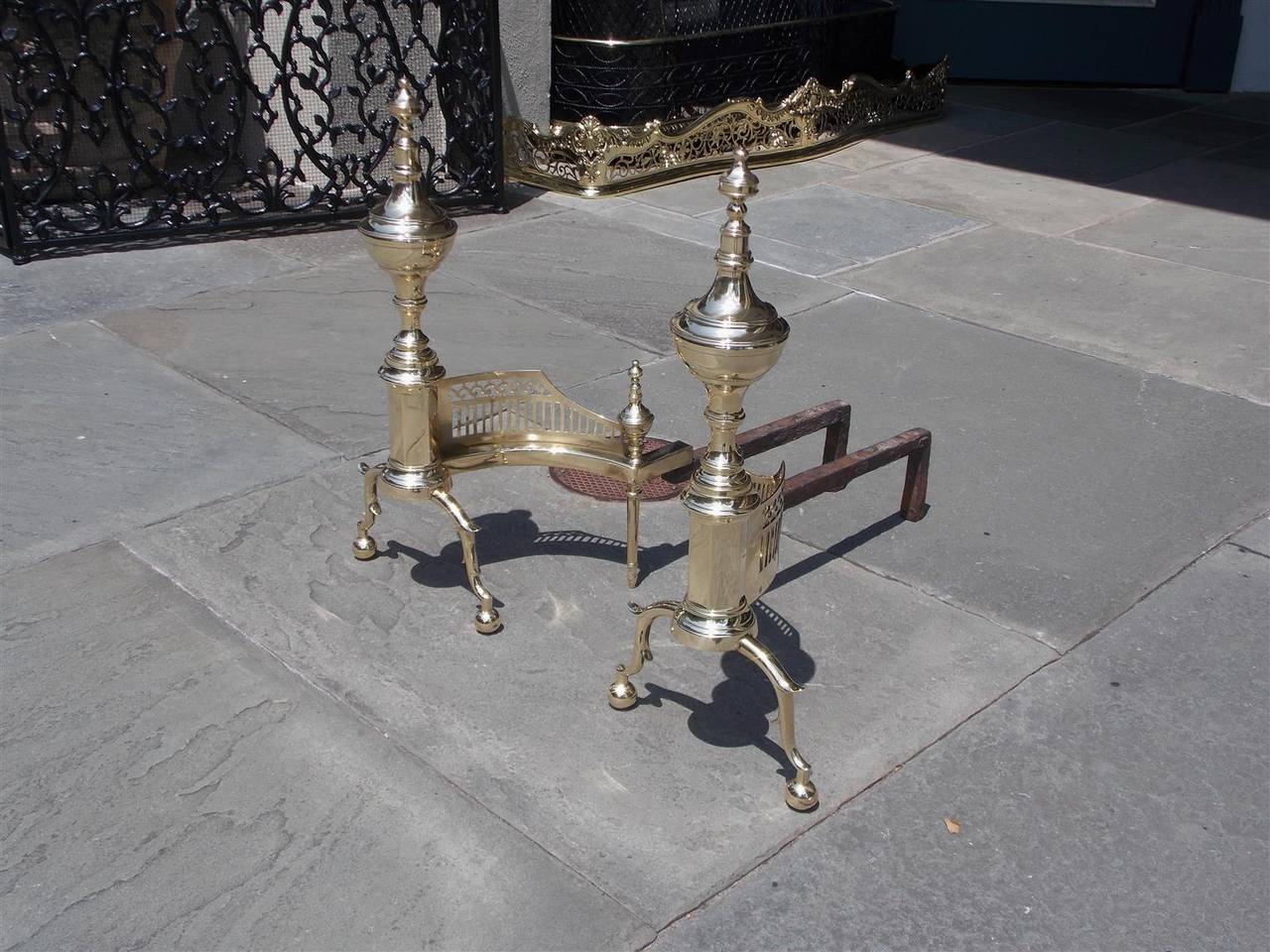 Early 19th Century Pair of American Brass Urn Finial & Gallery Andirons. NY, Circa 1815, Wittingham For Sale