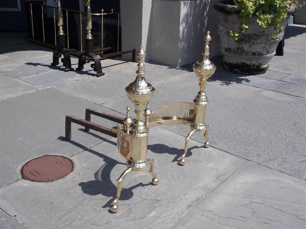 American Colonial Pair of American Brass Urn Finial & Gallery Andirons. NY, Circa 1815, Wittingham For Sale